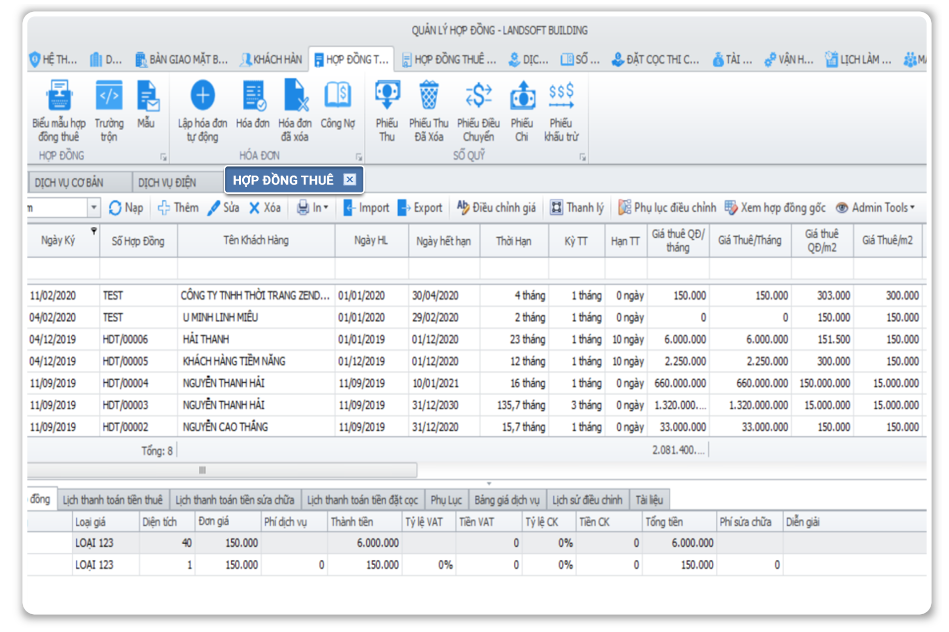 Phần mềm quản lý chuỗi tòa nhà chung cư Landsoft Building 19 hop dong thue