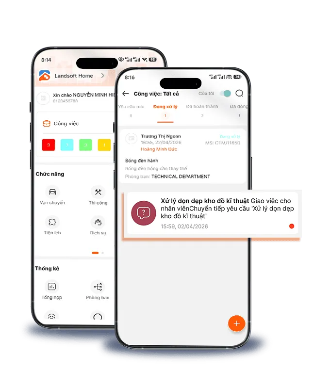 App Landsoft Home 8 BQL quản lý phản ánh và công việc